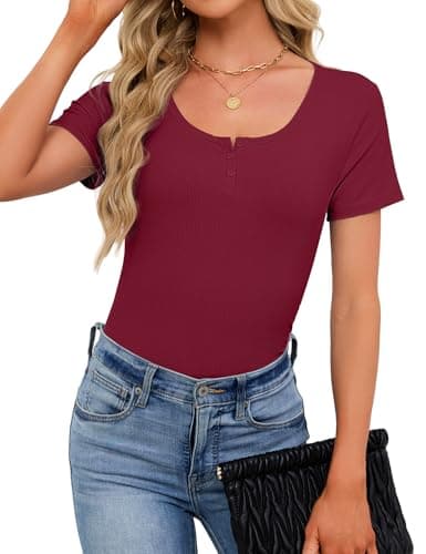 JUSTFASHIONNOW Womens Short Sleeve Tops Stretchy Henley Scoop Neck Fitted Casual Basic Ribbed T-Shirts 2026 Summer Trendy view 3