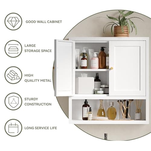 YAUWOH Metal Bathroom Storage Cabinet, Metal Storage Cabinet with 2 Adjustable Shelves & 2 Doors,Freestanding Sideboard for Small Spaces (White, Wall Cabinet-22.59" H) view 4