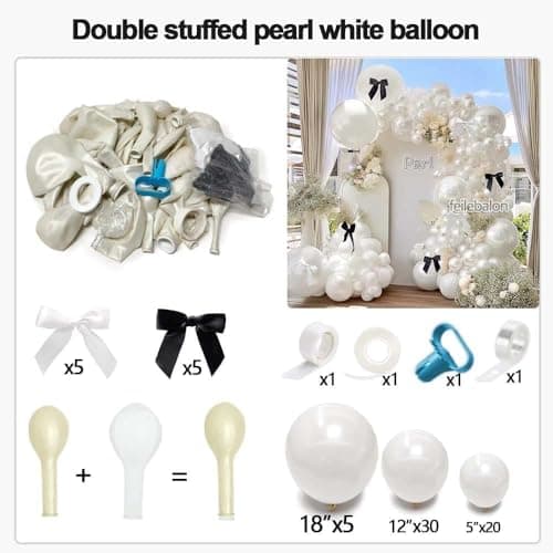 Pearl White Balloon Arch Kit,Double Stuffed White Pearl Balloon Garland Different Sizes 5/12/18 Inch with Black and White Bow for Baby Shower Baptism Wedding Birthday Engagement Party Decoration view 4