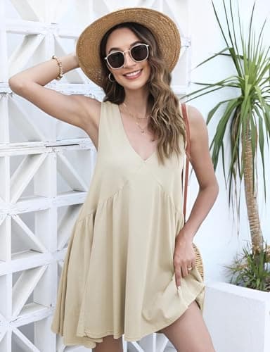 OPCAKM Women's V Neck Sleeveless Mini Dress Pleated Sundress | Soft Cotton Babydoll Summer Dresses,Flowy Swing Loose Fit for Casual Daily Wear,Party and Outdoor Activities view 2