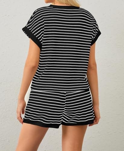 Burtell Women Summer 2 Piece Lounge Sets Striped Short Sleeve Tee Shirts Mini Shorts Loungewear Shorts Set Ribbed Pajama Set view 4