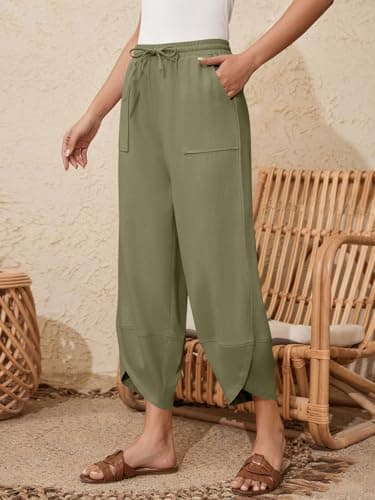 grewley Womens Barrel Harem Linen Pants Wide Leg Pants Baggy Palazzo Drawstring Elastic Waist with Pockets Beach view 3