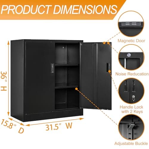 BESFUR Metal Garage Storage Cabinet with 2 Locking Doors and 2 Adjustable Shelves, 36" Black Metal Short Storage Cabinet for Home Office,Garage,School,Utility Room view 3