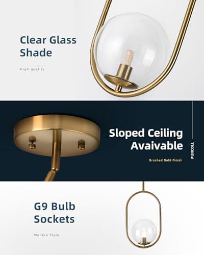 puncoll Gold Pendant Light Fixtures - 1-Light Pendant Light Fixture for Kitchen Island with Clear Glass - Modern Hanging Lights for Dining Room H9376-CLBG view 5