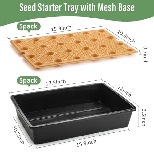5 Pack Nursery Pots Trays with Removable Mesh Drainage Mat, Plastic Seed Starter Trays (17"x12"x3.5") with Drainage Hole, Propagation Kit for Seedlings, Microgreens, Plant Germination (Black) view 2