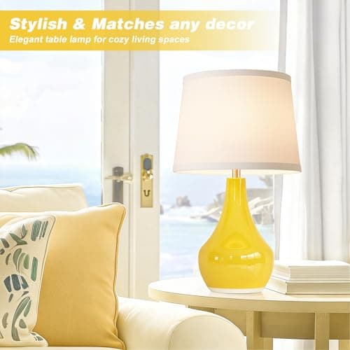 Seealle Modern Ceramic Table Lamps for Night Stands - Bedside Lamps Set of 2 for Nightstand,Yellow Bedroom Lamp for Living Room Cute Desk End Table Office Guest Room Dresser Rocker Swtich view 2