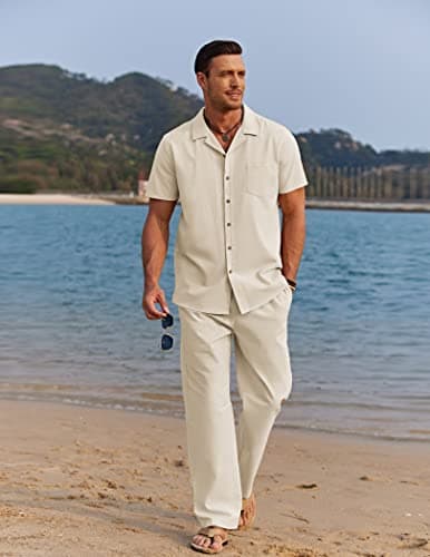 COOFANDY Men 2 Piece Linen Outfit Beach Button Down Shirt Casual Loose Pant Sets view 3