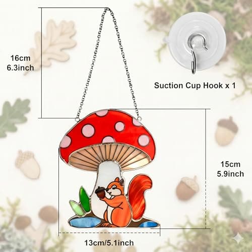 Squirrel Mushroom Stained Glass Suncatcher for Window Hanging Ornaments Animals Theme Glass Art Sun Catcher Home Decor Handmade Funny Mushroom Squirrel Gifts for Squirrel Lovers view 2
