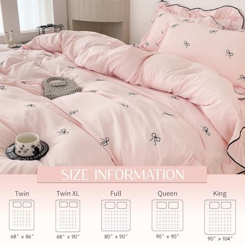 AMZTOP Pink Twin Size Duvet Cover Set with Bow,1 Duvet Cover with 2 Pillowcases,Cute Ruffled Comforter Cover with Corner Ties,3 Pcs Embroidery Aesthetic Coquette Bedding Set 68"×86" view 5