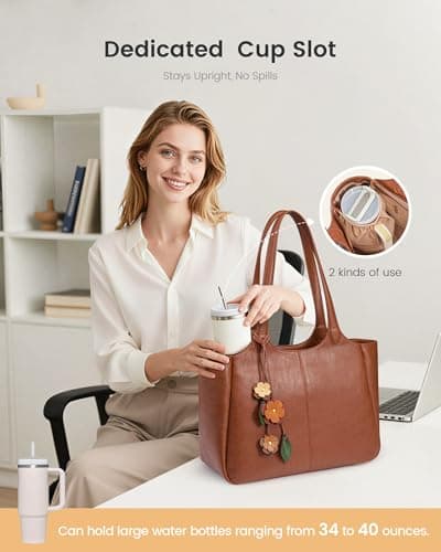 LOVEVOOK Tote Bag for Women, Leather Vintage Work Bag with 40oz Cup Holder,Nurse Teacher Shoulder Bag,Roomy,6 Pockets | Leak-resistant view 3