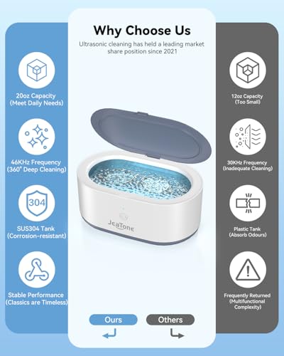 JeaTone Ultrasonic Jewelry Cleaner, 46KHz Professional Ultrasonic Cleaning Machine for Rings, Eyeglasses, Retainers, Dentures & Watches, 20oz Stainless Steel Sonic Jewelry Cleaner Pod view 2