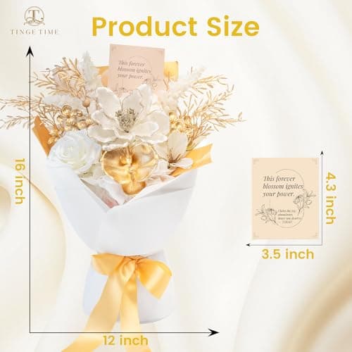TINGE TIME Preserved Flowers Bouquet, Platinum Faux Rose Bouquets, Eternal Roses Bouquet for Wedding, Table Centerpieces, Mothers Day, Birthday Gifts, Anniversary, Graduation(White & Gold) view 4
