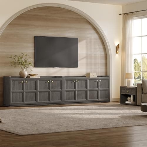SICOTAS 4-Door Buffet Cabinet, 61.7" Wide Modern Industrial Sideboard with 2 Separate Bays & Adjustable Shelves, Extra Long Credenza with Luxury Gold Handles for Kitchen Living Room, Dark Gray Oak view 6