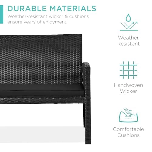 Best Choice Products 4-Piece Outdoor Wicker Patio Conversation Furniture Set for Backyard w/Coffee Table, Seat Cushions - Black/Black view 4