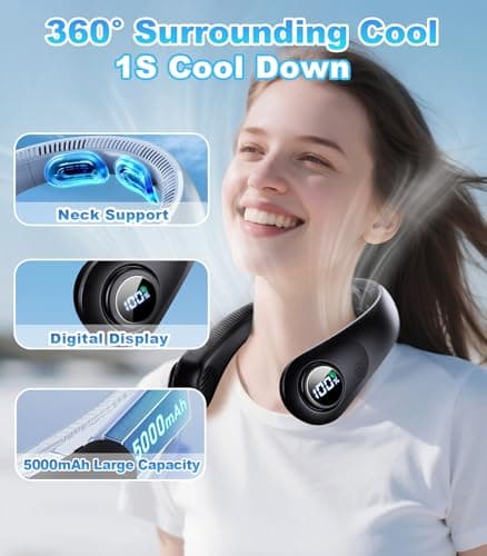 Portable Neck Fan With LED Display, Hands-free 5 Speeds Cooling, Neck Support, Lightweight, Battery Operated, Personal Bladeless Fan Rechargeable, Gift for Women Men, Hot Flashes, Travel, Camping view 2