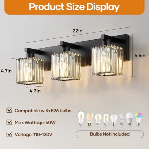 Hompixlit Bathroom Light Fixtures Matte Black 3-Light Crystal Vanity Lights | Modern Bathroom Vanity Light, Crystal Square Shades for Over Sink or Mirror, Bulbs Not Included view 4
