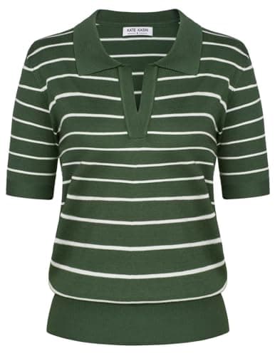 Kate Kasin Women Short Sleeve Polo Sweater V Neck Knitted Tops Casual Ribbed Shirt Loose Pullover Sweater — image 1