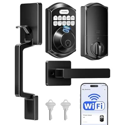 TEEHO TE012W-H WiFi Keypad Door Lock with Handle Set, Fingerprint Smart Locks, Front Door Keyless Entry, APP Remote & Voice Control, Digital Deadbolt with 2 Keys, Auto-Lock, Easy Install, Matte Black