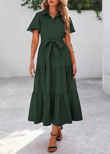 KIRUNDO Summer Button Down Wedding Guest Shirt Dresses for Women Maxi Flutter Short Sleeve Flowy Tiered Beach Sun Dress view 4