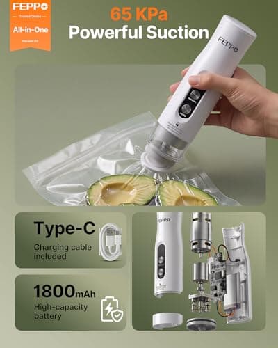 FEPPO Compact Vacuum Sealer for Food (Vacuum Sealer Machine + 3 Containers + 10 Reusable Bags), Anti-Overflow Powerful Portable Handheld Food Sealer, Auto & Manual Modes, Travel Lock, Easy-Clean view 4