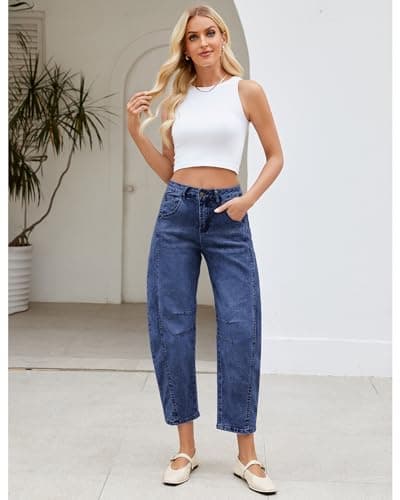 LookbookStore Barrel Jeans for Women High Waisted Cropped Wide Leg Trendy Baggy Distressed Stretchy Denim Jean Pants view 6