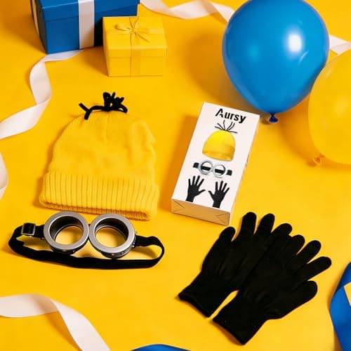 Aursy 3/4/6PCS Halloween Costumes for Men Women Adults, Yellow Beanie, Steampunk Goggles, Black Gloves,Party Cosplay view 5