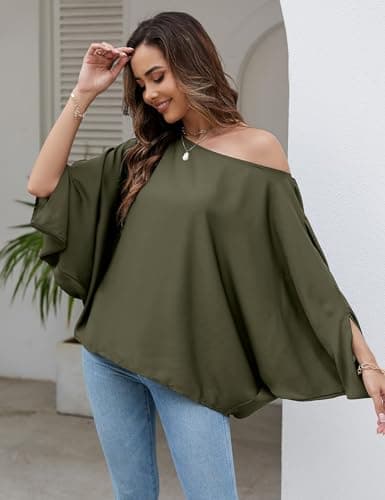 VIMPUNEC Womens Off The Shoulder Flowy Tops Casual Batwing Sleeves Blouses Loose Chiffon Shirts view 3