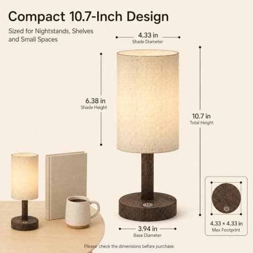 Small Rechargeable Cordless Table Lamp, Nightstand to Desk, Dark Walnut | 2000mAh Battery Operated Lamp, Soft Linen Glow for Bedside, Bedroom, Side Tables and Home Decor, 3 Color Modes, Touch Dimming view 4