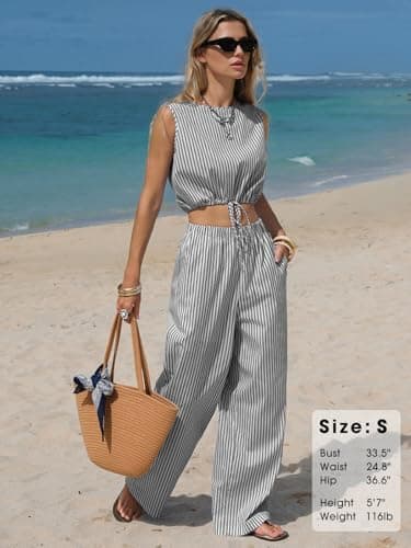 EXLURA Womens 100% Cotton 2 Piece Outfits Stripe Drawstring Crop Tank Tops Wide Leg Pant Sets Faux Linen Summer Cruise Beach view 3