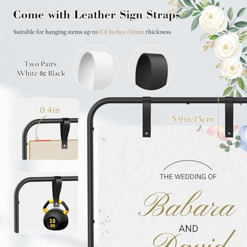 Wedding Welcome Sign Stand, Adjustable Welcome to Our Wedding Sign Holder with Poster Design & Leather Hanging Straps & Vine, Black Easel Stand for Welcome Sign, Party, Seating Charts, Wedding Decor view 5