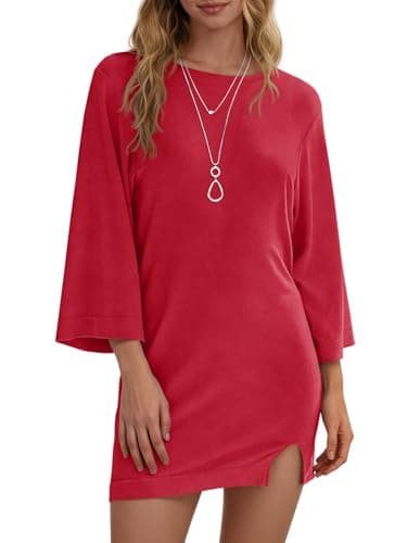 Wenrine Womens Summer T Shirt Dress Casual 3/4 Sleeve Crewneck Slit Loose Shift Mini Dresses — image 1