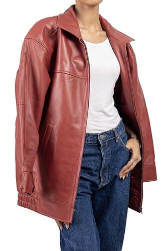 Jild Oversized Leather Jacket Women - Lambskin Leather Fall Jacket for Womens Fashion Plus Size Outfits (OSW-Red-S)