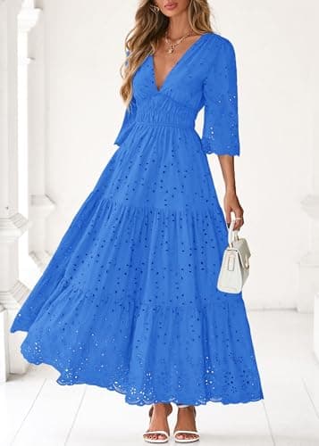 Lazysmile Long Sleeve Dresses for Women V Neck Hollow Out Eyelet Ruffle Swing A-Line Fall Vacation Boho Maxi Dress view 5