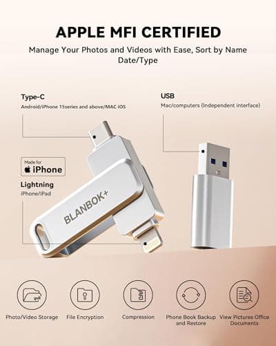 MFi Certified 256GB iPhone Photo Stick, High-Speed USB Flash Drive Memory Storage for Video Backup, Compatible for iPhone/iPad/Android/PC (Pearl Silver) view 3