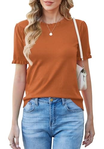 Women Puff Short Sleeve Sweater Tops Ruffle Crewneck Knit Pullover Work Blouses Dressy Casual Top Shirt Spring Summer view 2