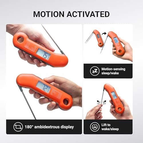 Professional Meat Thermometer Digital, Ultra-Fast 0.5 Sec Instant Read, NIST Certified ±0.5°F Accuracy, IP67 Waterproof, Auto-Rotating Backlit Display, Lift-to-Wake, for BBQ/Candy, Orange&Gray view 4