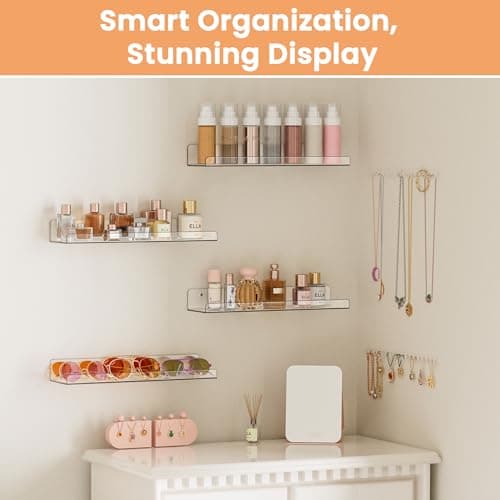 upsimples Acrylic Shelves for Bathroom Storage, 15" Floating Shelves Wall Organizer for Perfume, Make up, Skincare, Kids Bookshelf for Bedroom, Nursery, Living Room Decor, Clear, 4 Pack view 4