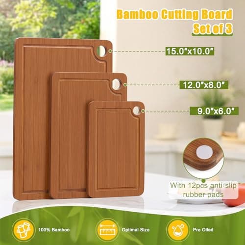 Homaxy Bamboo Cutting Board for Kitchen Set of 3, Wooden Cutting Boards with Non-Slip Mat Deep Juice Groove and Built-In Handles, Wood Chopping Board Set for Meat Fruits & Vegetables view 3