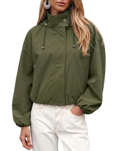 luvamia Women's Funnel Neck Jacket Casual Crop Zip Up Hooded Bomber Jackets | Trendy, Oversized, Long Sleeve, Stand Collar, Elastic Cuff and Hem, Cropped, Funnel Neck Jacket Coats for Women, Fall Outfits