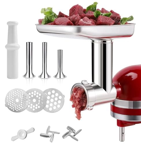 FavorKit Stainless Steel Food Grinder Attachment for KitchenAid Mixers, Dishwasher Safe Meat Processor Aceesory Included 3 Sausage Stuffer Tubes
