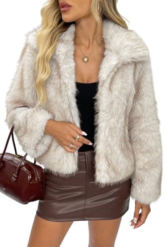 ELLEVEN Faux Fur Jacket Coat Women Winter Fluffy Warm Cropped Overcoat Furry Fuzzy Plush Shaggy Cardigan Casual Sexy Fashion Lapel Collar Long Sleeve Hidden Hooks Pockets Khaki & White Medium
