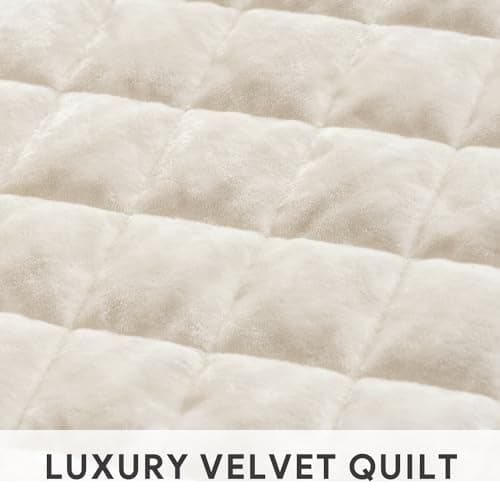 RECYCO Luxury Velvet Quilt Set King Size, Lightweight Velvet Comforter Set, Oversized Bedspread Coverlet Quilted Bedding Set, with 2 Matching Pillow Shams, for All Season, Cream White view 4