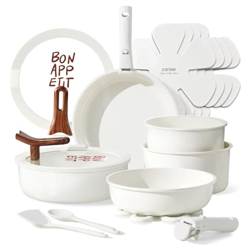CAROTE 18Pcs Ceramic Cookware Set with Detachable Handle, Pots and Pans Set Non Stick, Non Toxic Kitchen Cooking Sets with Stand-Up Lid, PFAS and PFOA Free, Oven Safe, Induction Ready, Cream White view 1