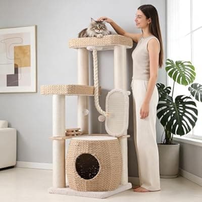 EMUST Luxury Modern Cat Tree Tower 50IN - Heavy-Duty Multi-Level Cat Condo with Extra-Large Hand-Woven Rattan Bed & Thickened Scratching Post for Indoor Cats Large Adult