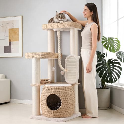 EMUST Luxury Modern Cat Tree Tower 50IN - Heavy-Duty Multi-Level Cat Condo with Extra-Large Hand-Woven Rattan Bed & Thickened Scratching Post for Indoor Cats Large Adult — image 1
