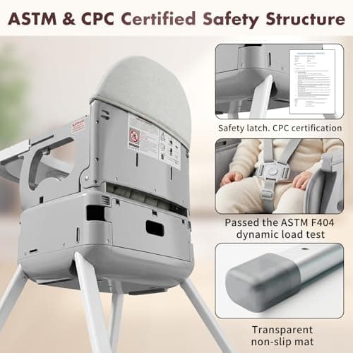 YOKISS 7 in 1 Convertible Baby HighChair for Babies and Toddlers,Adjustable Legs & Tray, Safe, Skin-Friendly Seat Cushion, Non-Slip & Stable, Supports up to 15kg Grey view 3