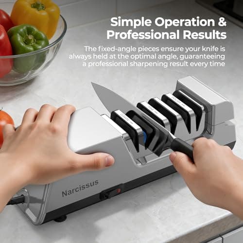 Narcissus Knife Sharpener, 3 Stages Diamond Electric Knife Sharpener for Stainless Steel and Ceramic Kitchen Knives, 40 Seconds Quick Repairing & Polishing, Open Design Port for Scissors Sharpening view 4