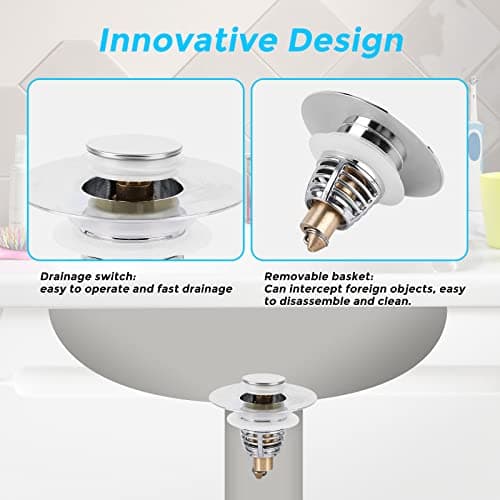 GOOSUO Universal Bathroom Sink Plug, Silver, Suitable for 1.25"-1.65" Sinks, Stainless Steel & Brass, Push Type, Anti-Clog Basket, Easy Install view 5