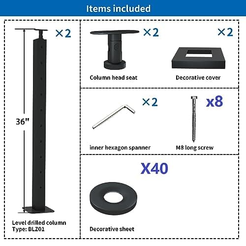 LANGLIER 2 PCS Cable Railing Post 36"x2"x2"（Square Column 33"） Stainless Steel Black Finish, for Stairs and Deck handrails，can be Installed on Wood or Concrete Floor. (Middle Post, Black) view 3