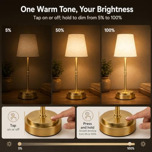 Rechargeable Cordless Table Lamp, Nightstand to End Table,Gold,1 Pack | 6000mAh Battery Operated, 16-Inch Antique Brass Aesthetic, For Kitchen Counter, Bathroom Vanity and Dining Room view 6